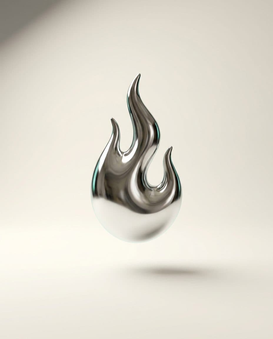 Sculpturale chrome render met subtiele emerald rim, studio-stuk van JM Websites
